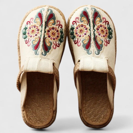 Momount Mulher Mules Bordadas – Lona Floral Sola de Juta Sem Atacadores Bico Fechado