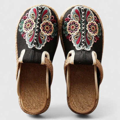 Momount Mulher Mules Bordadas – Lona Floral Sola de Juta Sem Atacadores Bico Fechado