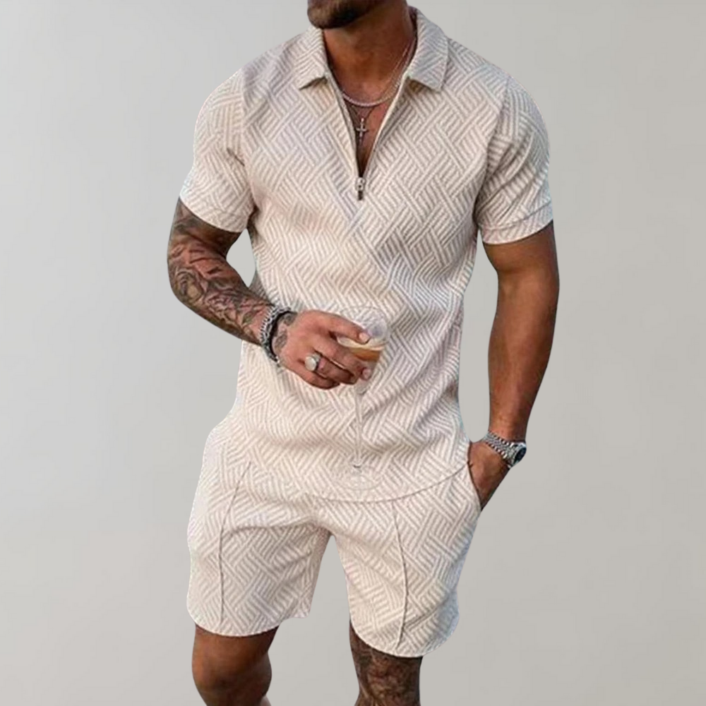 Momount Conjunto Duas Peças Homem – Polo Meio Fecho Calções Jacquard de Verão