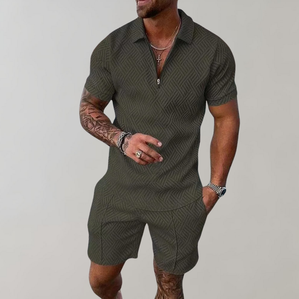 Momount Conjunto Duas Peças Homem – Polo Meio Fecho Calções Jacquard de Verão