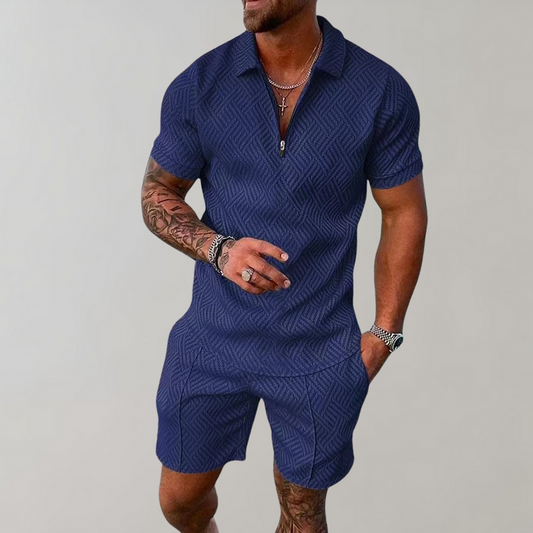 Momount Conjunto Duas Peças Homem – Polo Meio Fecho Calções Jacquard de Verão