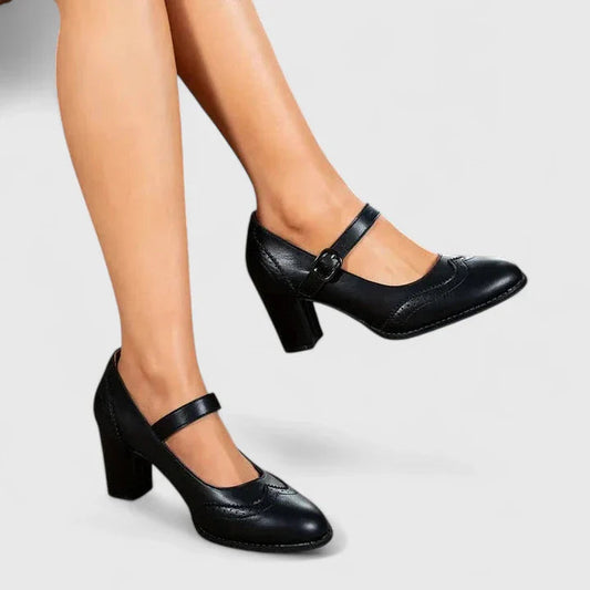 Momount Mulher Sapatos Mary Jane Salto Largo – Pele Brogue Bico Redondo Fivela