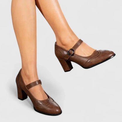 Momount Mulher Sapatos Mary Jane Salto Largo – Pele Brogue Bico Redondo Fivela