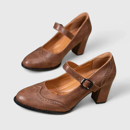 Momount Mulher Sapatos Mary Jane Salto Largo – Pele Brogue Bico Redondo Fivela