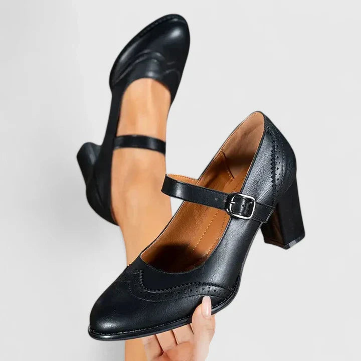 Momount Mulher Sapatos Mary Jane Salto Largo – Pele Brogue Bico Redondo Fivela