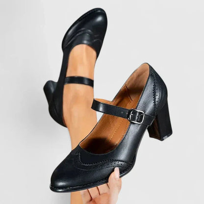 Momount Mulher Sapatos Mary Jane Salto Largo – Pele Brogue Bico Redondo Fivela