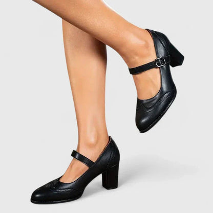 Momount Mulher Sapatos Mary Jane Salto Largo – Pele Brogue Bico Redondo Fivela