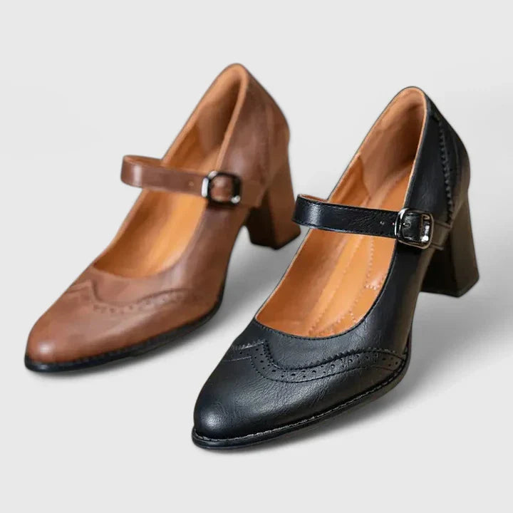 Momount Mulher Sapatos Mary Jane Salto Largo – Pele Brogue Bico Redondo Fivela