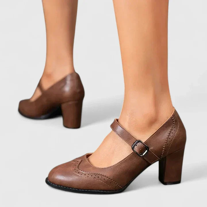 Momount Mulher Sapatos Mary Jane Salto Largo – Pele Brogue Bico Redondo Fivela