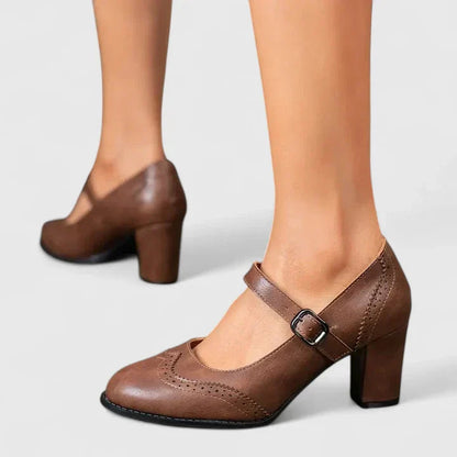 Momount Mulher Sapatos Mary Jane Salto Largo – Pele Brogue Bico Redondo Fivela