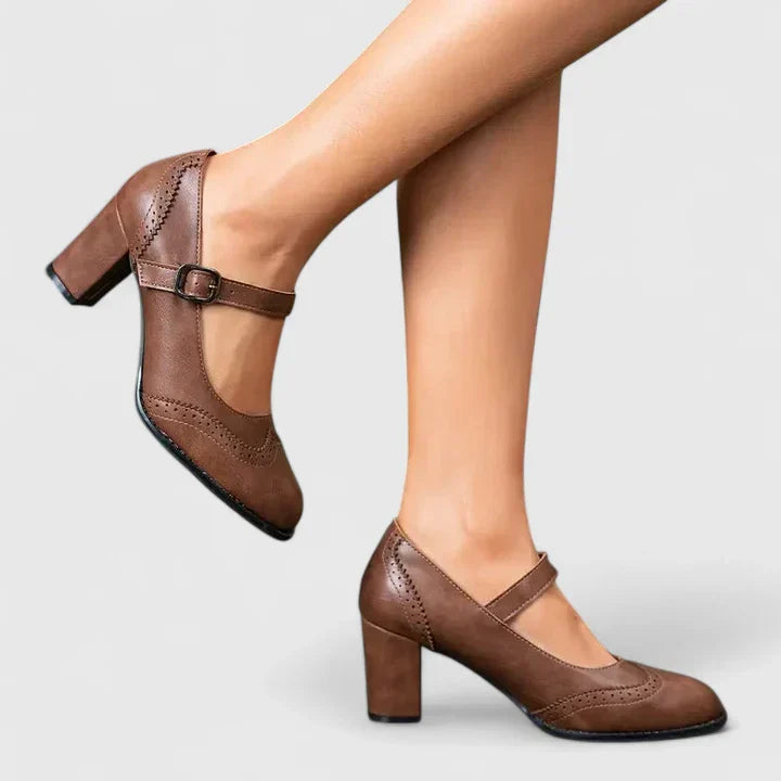 Momount Mulher Sapatos Mary Jane Salto Largo – Pele Brogue Bico Redondo Fivela