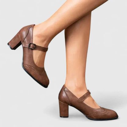 Momount Mulher Sapatos Mary Jane Salto Largo – Pele Brogue Bico Redondo Fivela