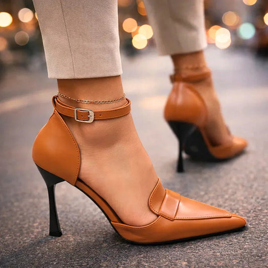 Momount Mulher Sapatos Stiletto – Pele Bico Fino Tira no Tornozelo Tira Posterior