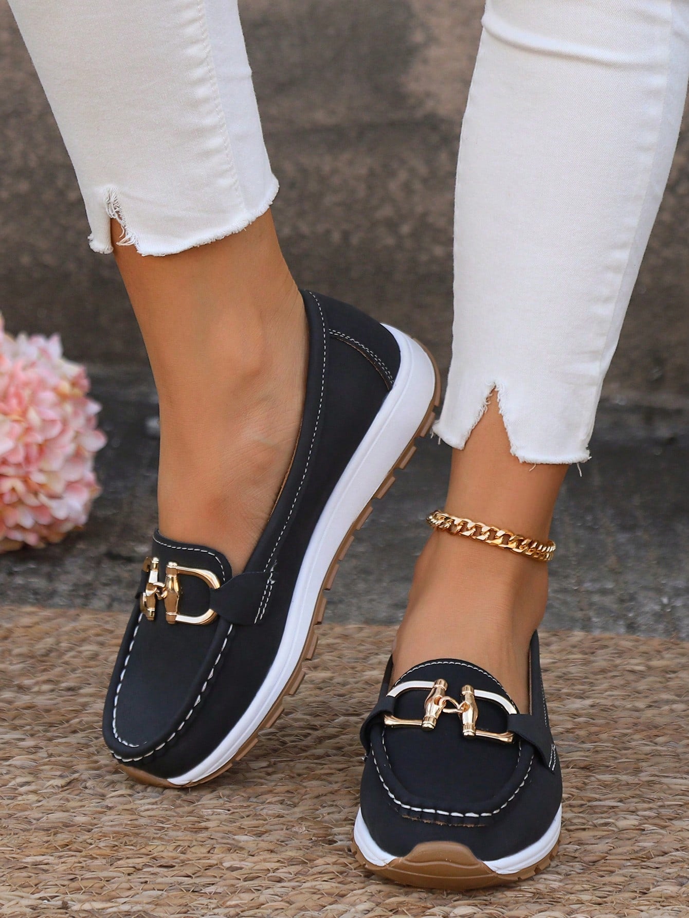 Momount Mulher Mocassins em Camurça – Horsebit Dourado Plataforma sem Atacadores Conforto