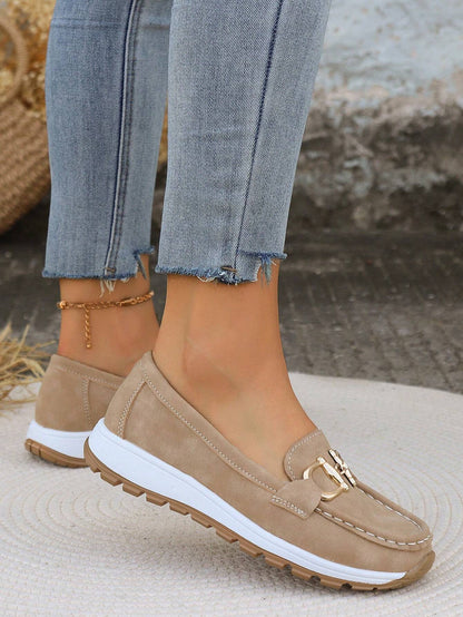 Momount Mulher Mocassins em Camurça – Horsebit Dourado Plataforma sem Atacadores Conforto
