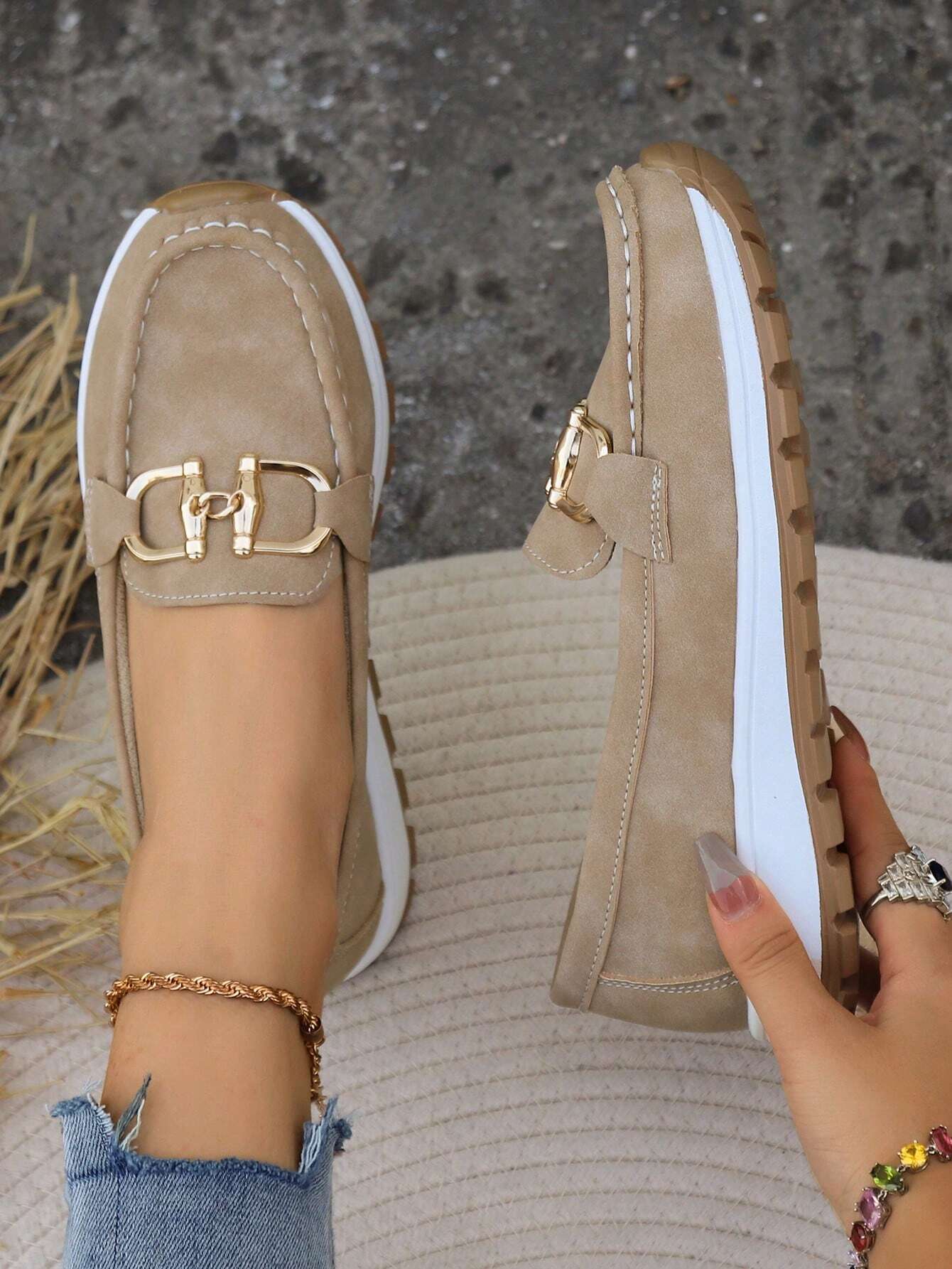 Momount Mulher Mocassins em Camurça – Horsebit Dourado Plataforma sem Atacadores Conforto