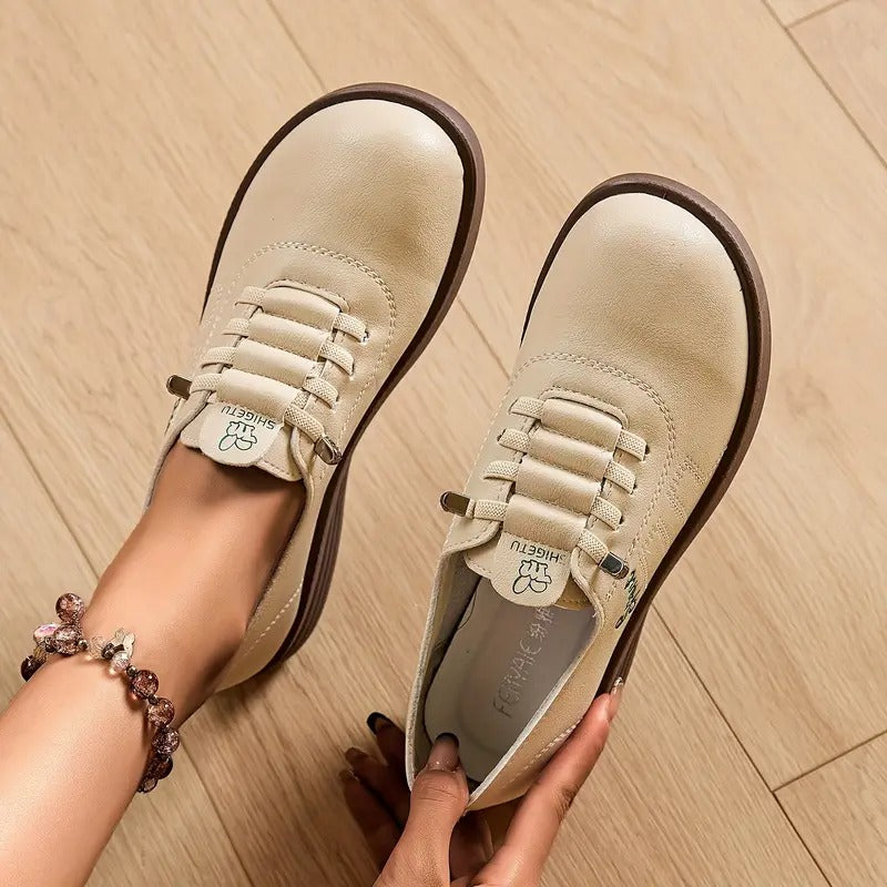 Momount Mulher Mocassins com Atacadores – Pele Bico Redondo Plataforma Plana Conforto Casual