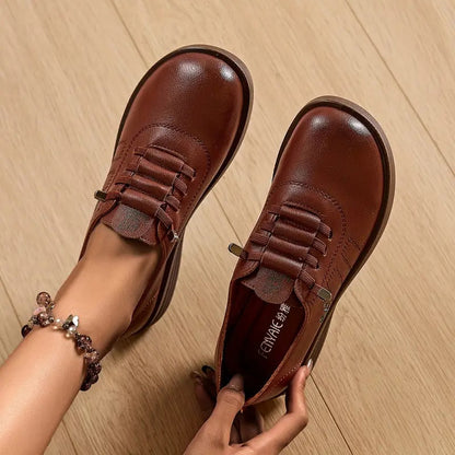 Momount Mulher Mocassins com Atacadores – Pele Bico Redondo Plataforma Plana Conforto Casual