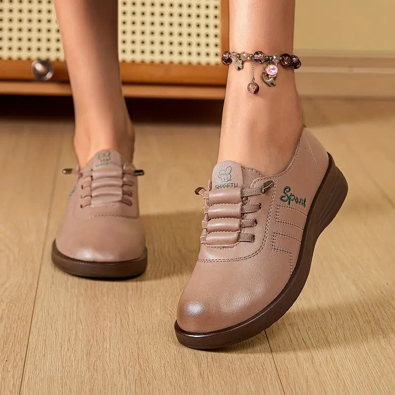 Momount Mulher Mocassins com Atacadores – Pele Bico Redondo Plataforma Plana Conforto Casual