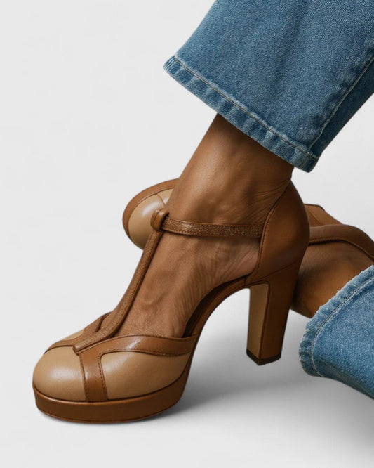 Momount Sapatos Salto T-Bar com Plataforma Mulher – Pele Bicolor Tacão Largo Tira no Tornozelo