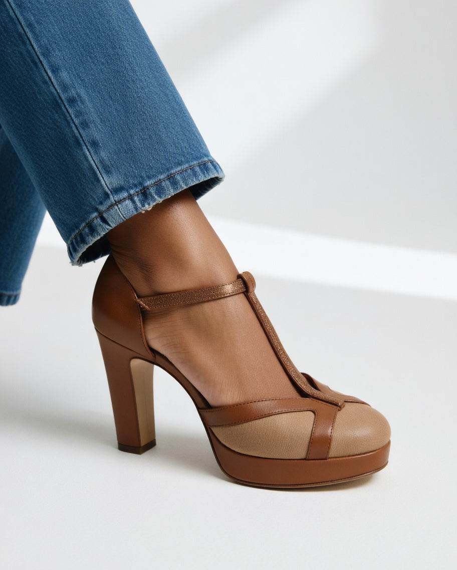 Momount Sapatos Salto T-Bar com Plataforma Mulher – Pele Bicolor Tacão Largo Tira no Tornozelo