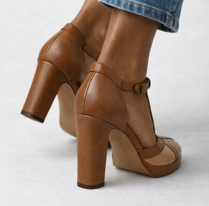 Momount Sapatos Salto T-Bar com Plataforma Mulher – Pele Bicolor Tacão Largo Tira no Tornozelo