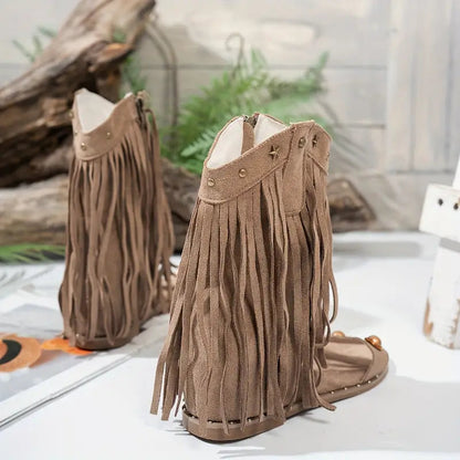 Momount Mulher Sandálias Gladiadoras com Franjas – Camurça com Tachas Fecho Lateral Boho