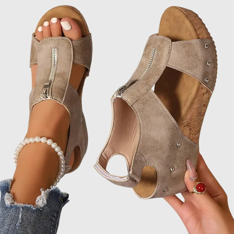Momount Mulher Sandálias de Cunha em Cortiça – Pele Fecho Frontal com Tachas Peep-Toe