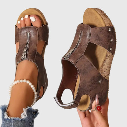 Momount Mulher Sandálias de Cunha em Cortiça – Pele Fecho Frontal com Tachas Peep-Toe