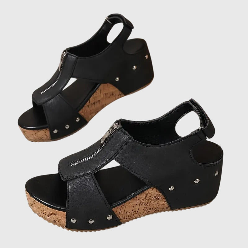 Momount Mulher Sandálias de Cunha em Cortiça – Pele Fecho Frontal com Tachas Peep-Toe