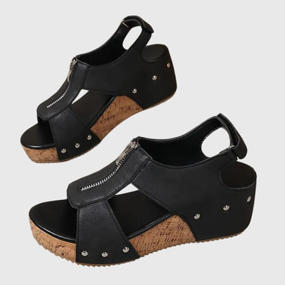 Momount Mulher Sandálias de Cunha em Cortiça – Pele Fecho Frontal com Tachas Peep-Toe