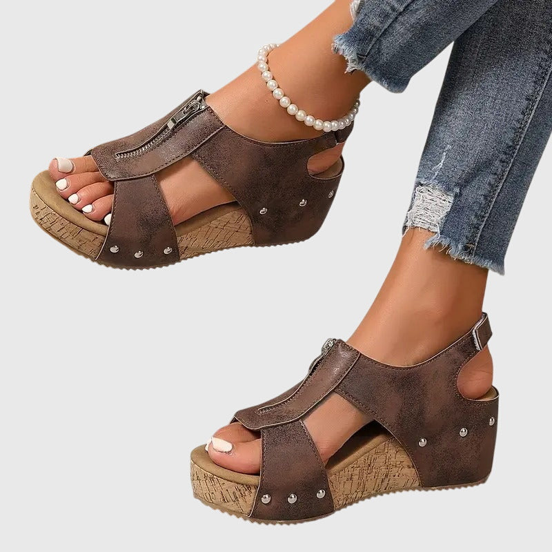 Momount Mulher Sandálias de Cunha em Cortiça – Pele Fecho Frontal com Tachas Peep-Toe