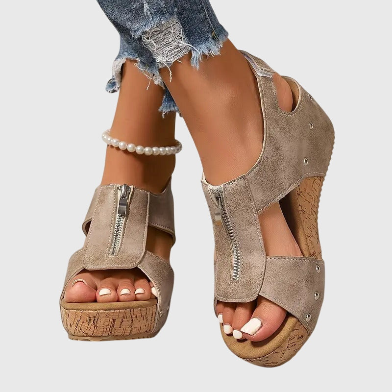 Momount Mulher Sandálias de Cunha em Cortiça – Pele Fecho Frontal com Tachas Peep-Toe
