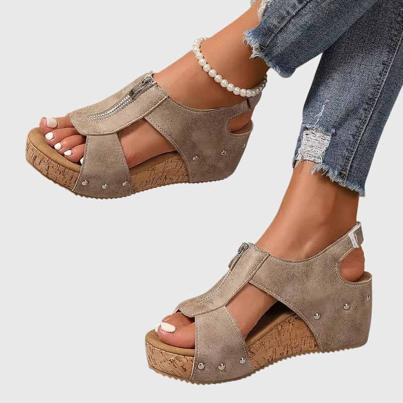 Momount Mulher Sandálias de Cunha em Cortiça – Pele Fecho Frontal com Tachas Peep-Toe