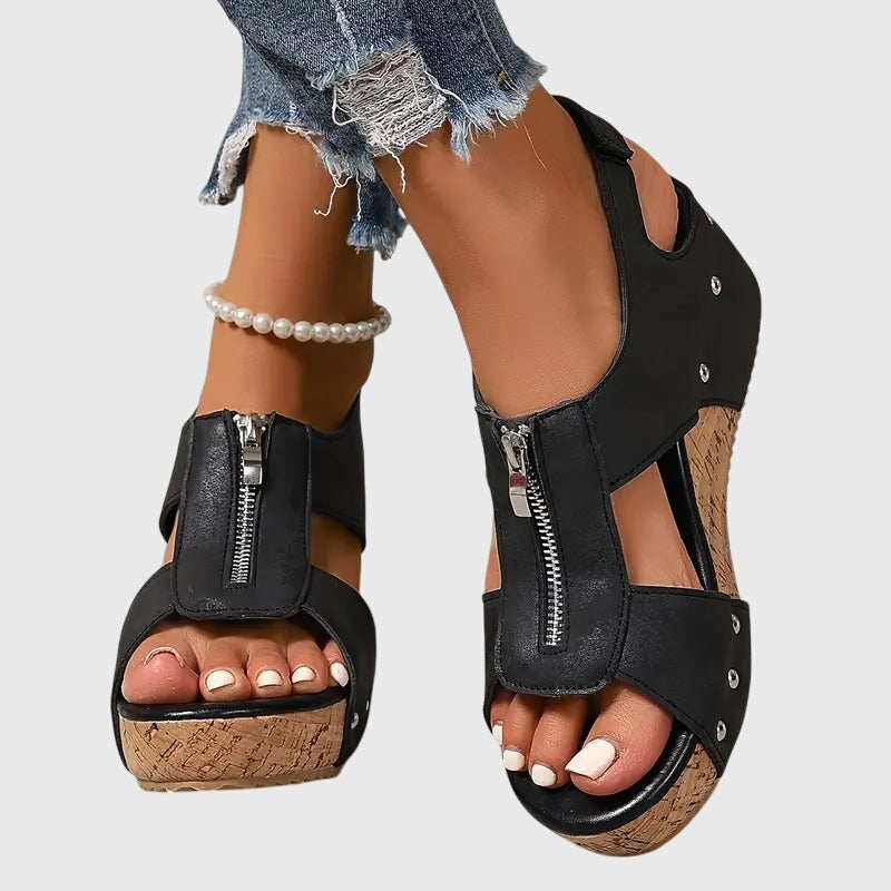 Momount Mulher Sandálias de Cunha em Cortiça – Pele Fecho Frontal com Tachas Peep-Toe