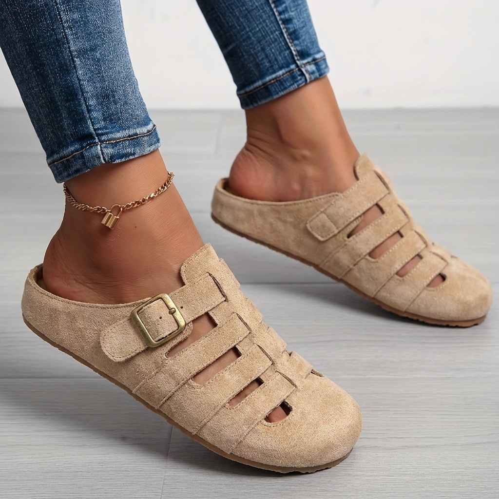 Momount Tamancos Mule Bico Fechado Mulher – Camurça Tiras Fivela Slip-On Palmilha Cortiça