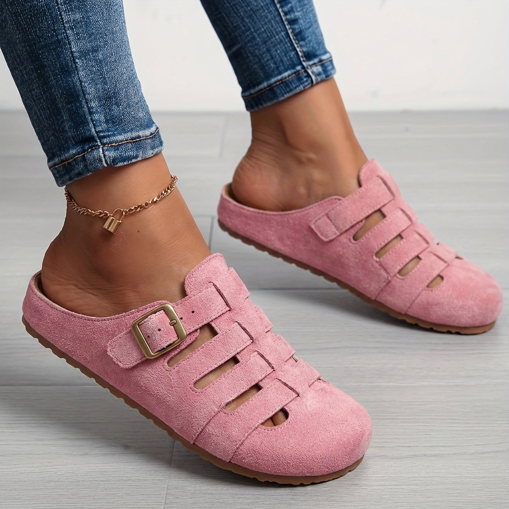 Momount Tamancos Mule Bico Fechado Mulher – Camurça Tiras Fivela Slip-On Palmilha Cortiça