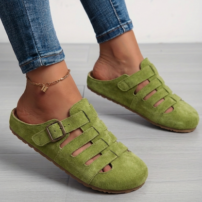 Momount Tamancos Mule Bico Fechado Mulher – Camurça Tiras Fivela Slip-On Palmilha Cortiça