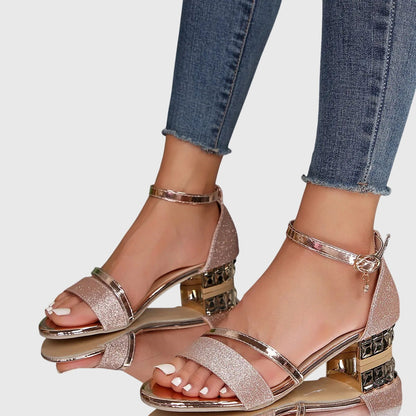 Momount Mulher Sandálias com Tira de Tornozelo – Salto Largo com Glitter e Strass Bico Aberto