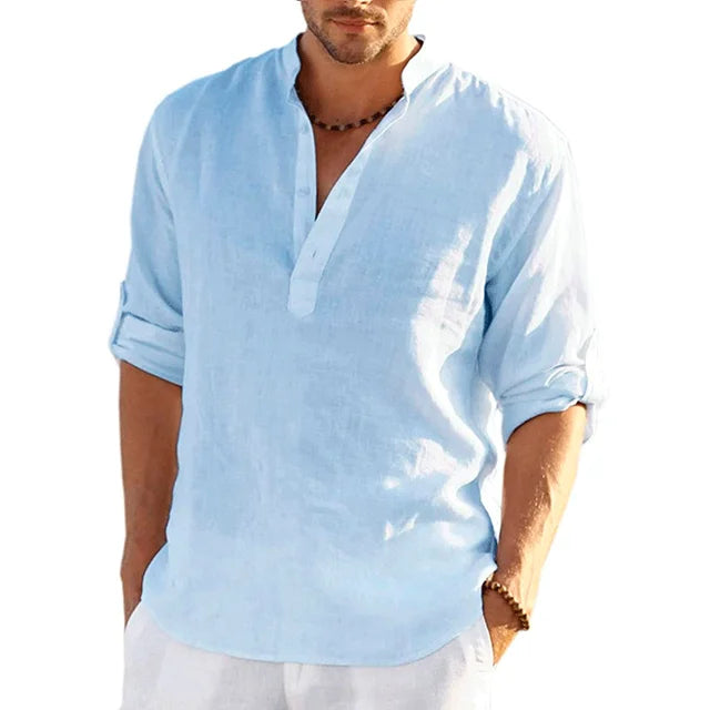 Momount Camisa Henley em Linho de Homem – Manga Comprida com Tab no Punho Casual