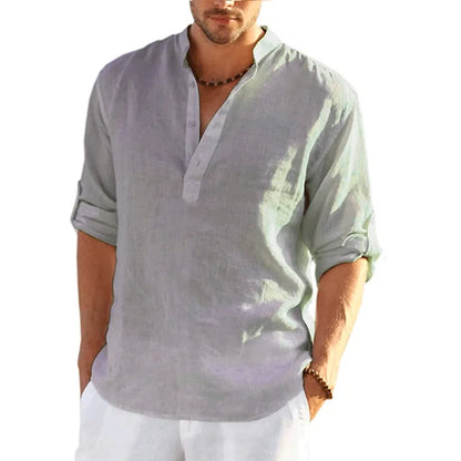 Momount Camisa Henley em Linho de Homem – Manga Comprida com Tab no Punho Casual