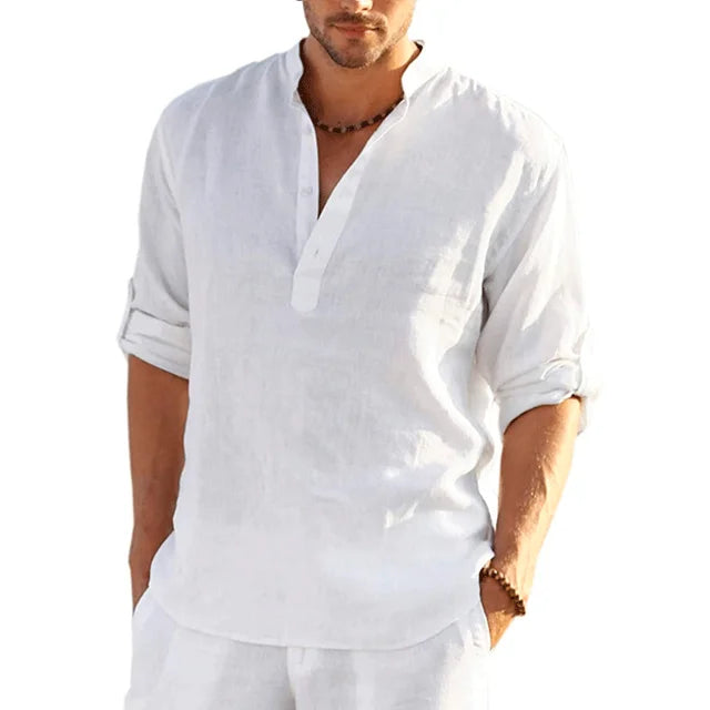 Momount Camisa Henley em Linho de Homem – Manga Comprida com Tab no Punho Casual