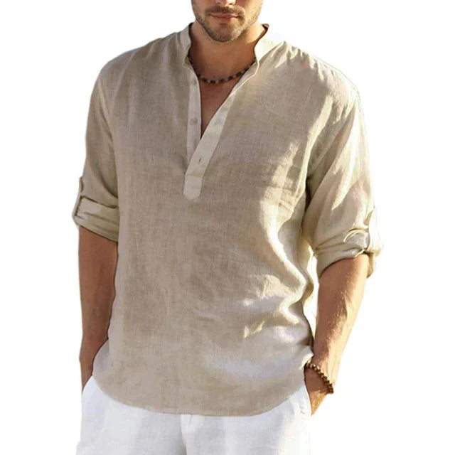 Momount Camisa Henley em Linho de Homem – Manga Comprida com Tab no Punho Casual