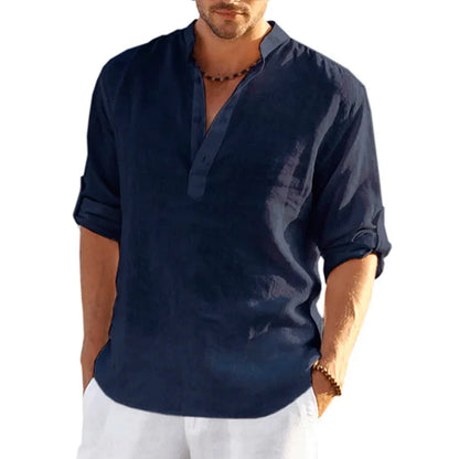 Momount Camisa Henley em Linho de Homem – Manga Comprida com Tab no Punho Casual