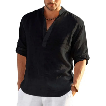 Momount Camisa Henley em Linho de Homem – Manga Comprida com Tab no Punho Casual