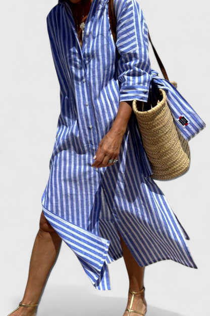 Momount Vestido Camiseiro Midi Mulher – Às Riscas Manga Comprida Casual de Verão para a Praia