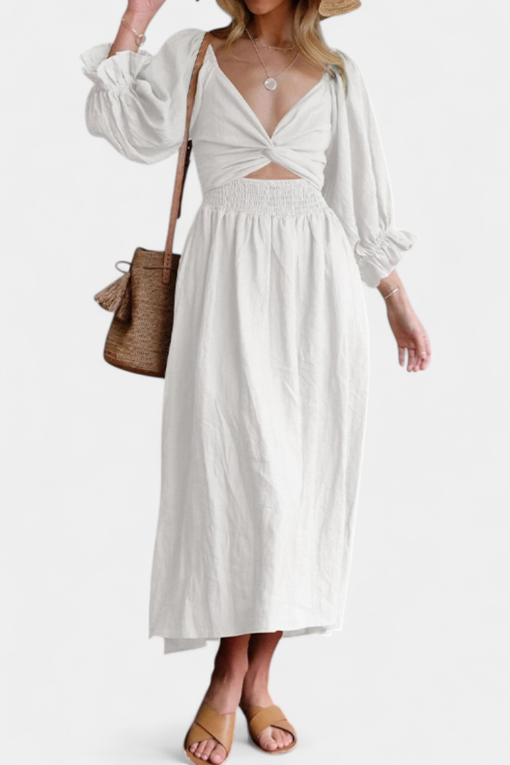 Momount Vestido Midi de Verão Mulher – Trapézio com Recortes Mangas Bufantes Fluido para a Praia