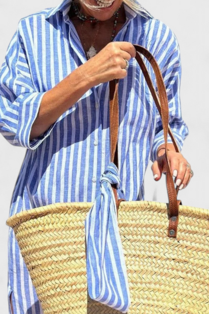 Momount Vestido Camiseiro Midi Mulher – Às Riscas Manga Comprida Casual de Verão para a Praia