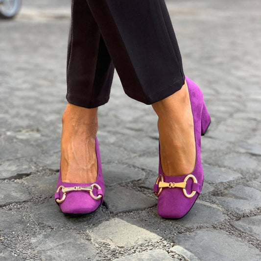 Momount Escarpins de Salto Largo Mulher – Camurça Fivela Bico Quadrado Salto Baixo Sapatos de Escritório