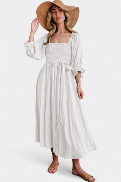 Momount Vestido Midi de Verão Mulher – Trapézio com Recortes Mangas Bufantes Fluido para a Praia